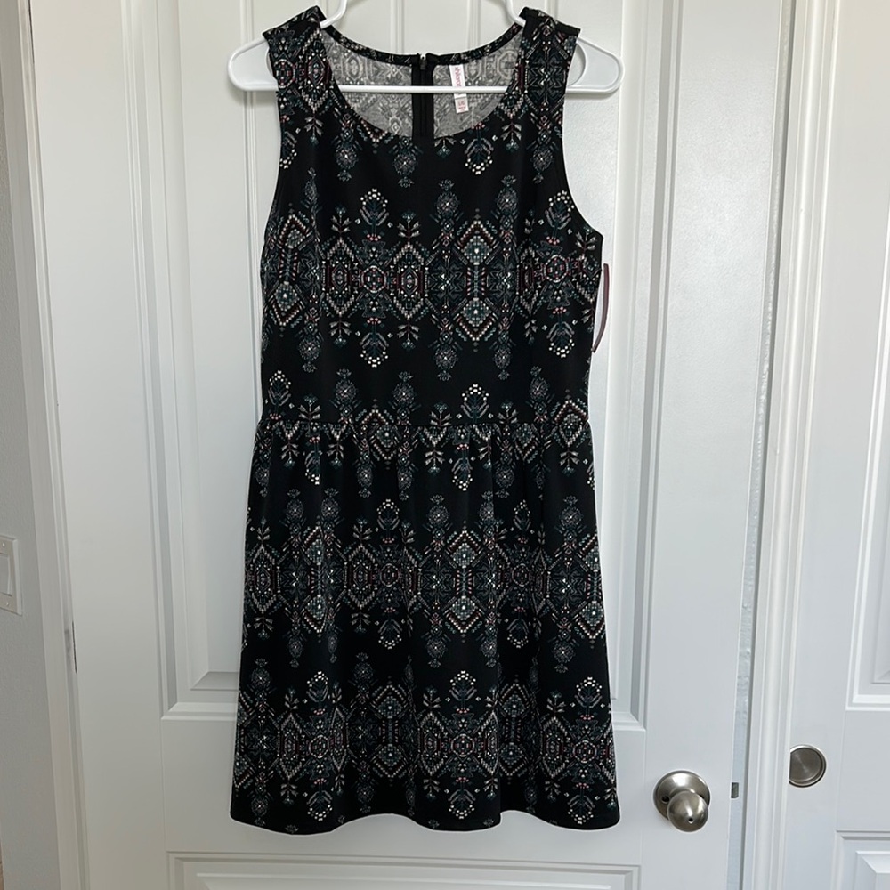Black BoHo Printed A-line Mini Dress with Scoop Neck - NWT